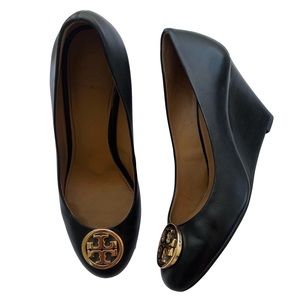 SOLD Tory Burch Nappa Leather Sophie Wedge Heels Black Size 7
